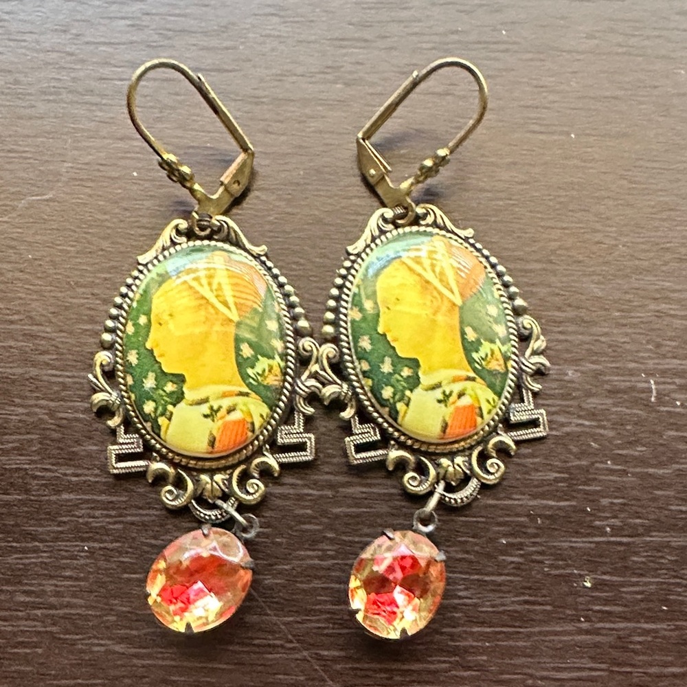 Renaissnace Style Gold and Orange Drop Earrings